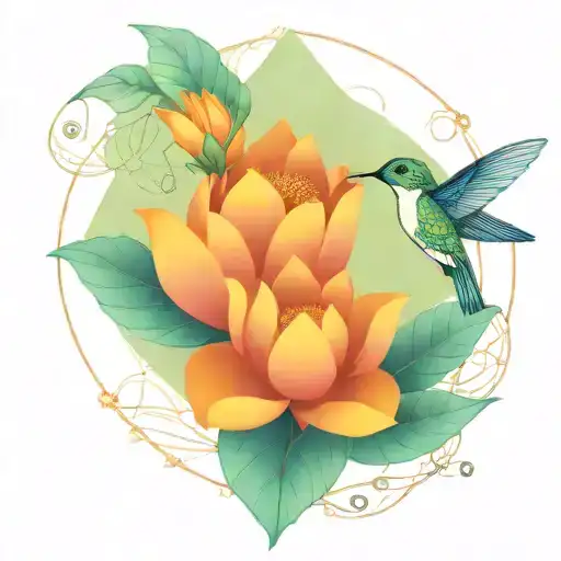 One Protective Hummingbird Above A Lotus Flower With Nest And 3 Small Eggs Inside