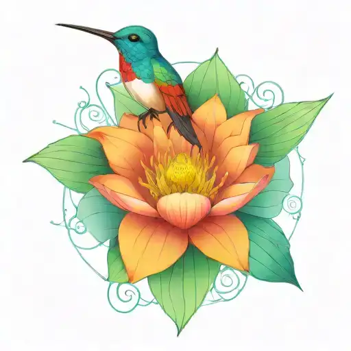 One Colorful Hummingbird Above A Lotus Flower With Nest And 3 Eggs Inside