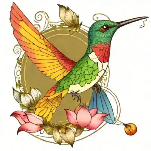 One Colorful Hummingbird Above A Lotus Flower With Nest And 3 Eggs Inside