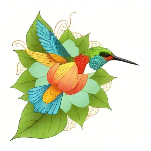 One Colorful Hummingbird Flying Above A Lotus Flower With Nest And 3 Eggs Inside