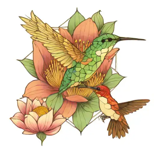 One Colorful Hummingbird Flying Above A Lotus Flower With Nest And 3 Eggs Inside
