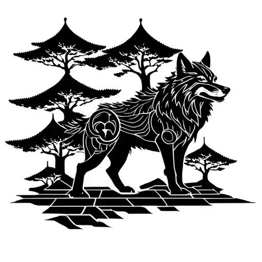 Japanese Pagodo With Wolf And Trees