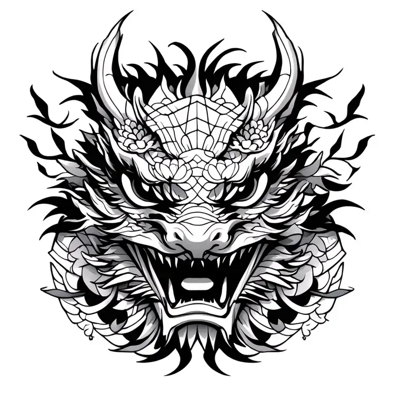 Japan Dragon Masks With Blossum Tree Tattoo