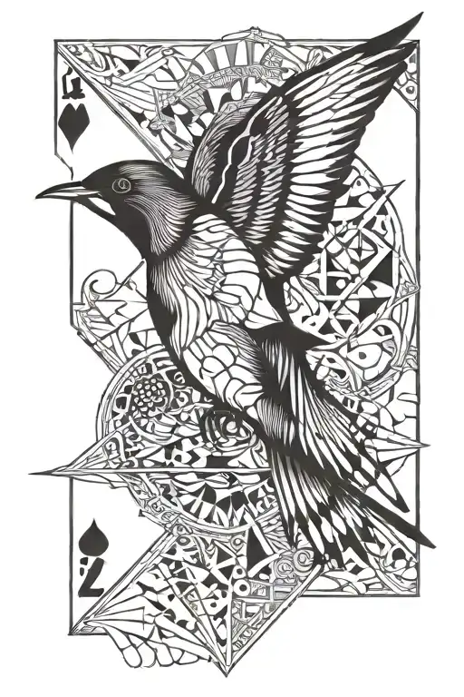 Swallow With Number Two Poker Cards With Number 7 And Other Geometric Symbols