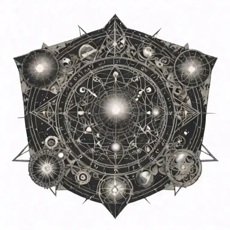 A Black-grey Tattoo Design Combining Elements Of Astronomy And Ancient Mathematics