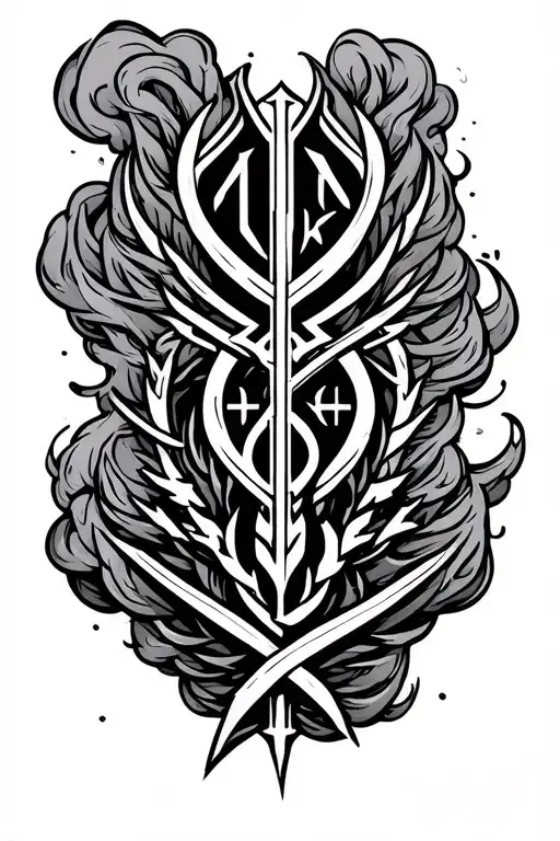 Valhalla In Runic Script Vertically And A Smoke Around It