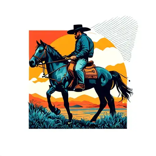 Cowboy Riding To Sunset