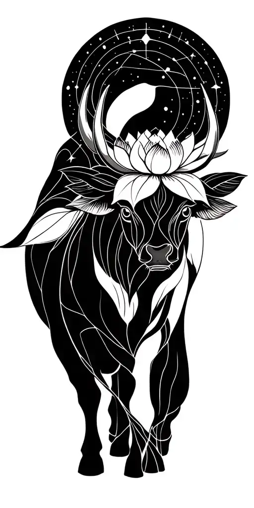 Bull In A Lotus Flower Growing Surrounded By Constellations