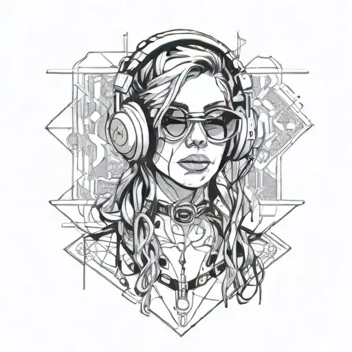Cyberpunk Woman Tattoos Headphones Rave Music Cables Sexy Sunglasses