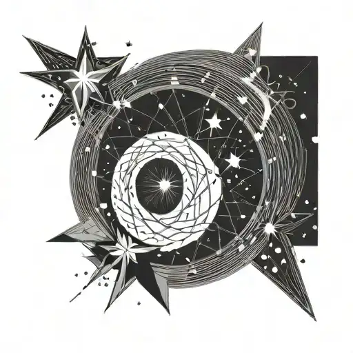 Crescent Moon Surrounded By Thin Lines With Stars