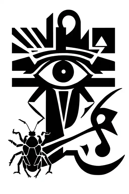 Eye Of Ra And Ankh And Scarab Beetle Flying