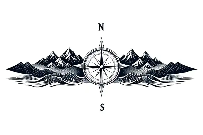 Large Compass With Long North Point Surrounded By Intricate Geometric Moutains And Waves
