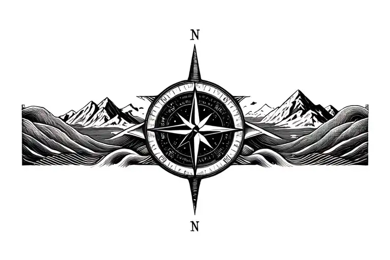 Large Compass With Long North Point Surrounded By Intricate Geometric Moutains And Waves