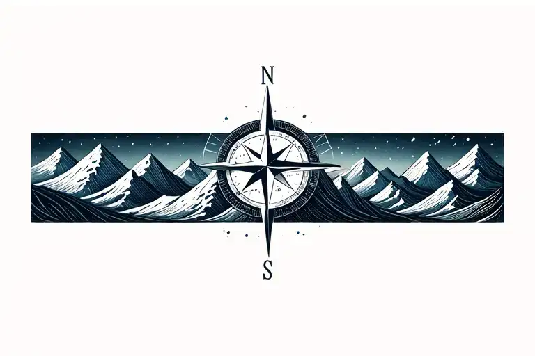 Large Compass With Long North Point Surrounded By Intricate Geometric Moutains And Waves