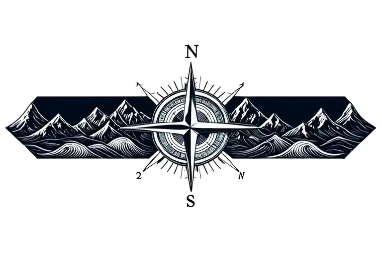 Large Compass With Long North Point Surrounded By Intricate Geometric Moutains And Waves