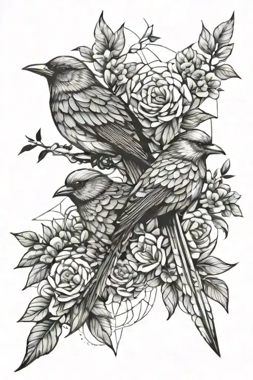 Birds And Flowers In Line Art Style