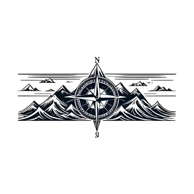 Compass With Band Made Of Mountains And Crashing Waves
