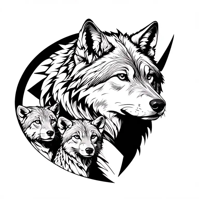 Wolf With Cubs One Girl One Boy Looking