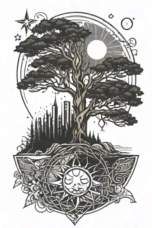 Meaningful Tattoo With Means Sun Moon Tree And Ocean