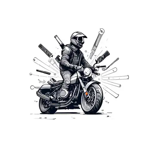 A Jack Of All Trades Character Riding A Motorcycle With Different Tools And Gadgets As Accessories