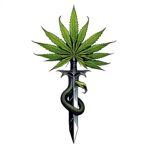 A Dagger With A Snake Writhing In The Background Of Marijuana Leaves