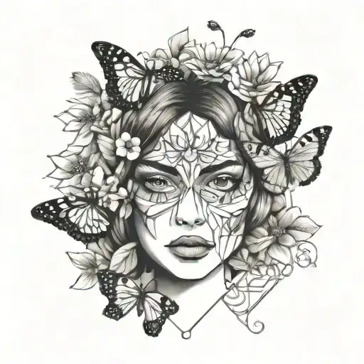 Woman With Butterfly Over Eye Surrounded By Flowers