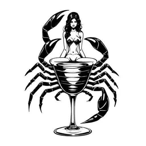 A Scorpion Entwined In A Champagne Glass And A Woman Sitting On Top Of The Glass