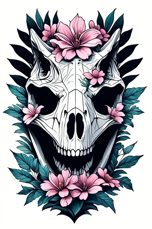 Dinosaur Skull And Sri Lankan Jasmine Flowers