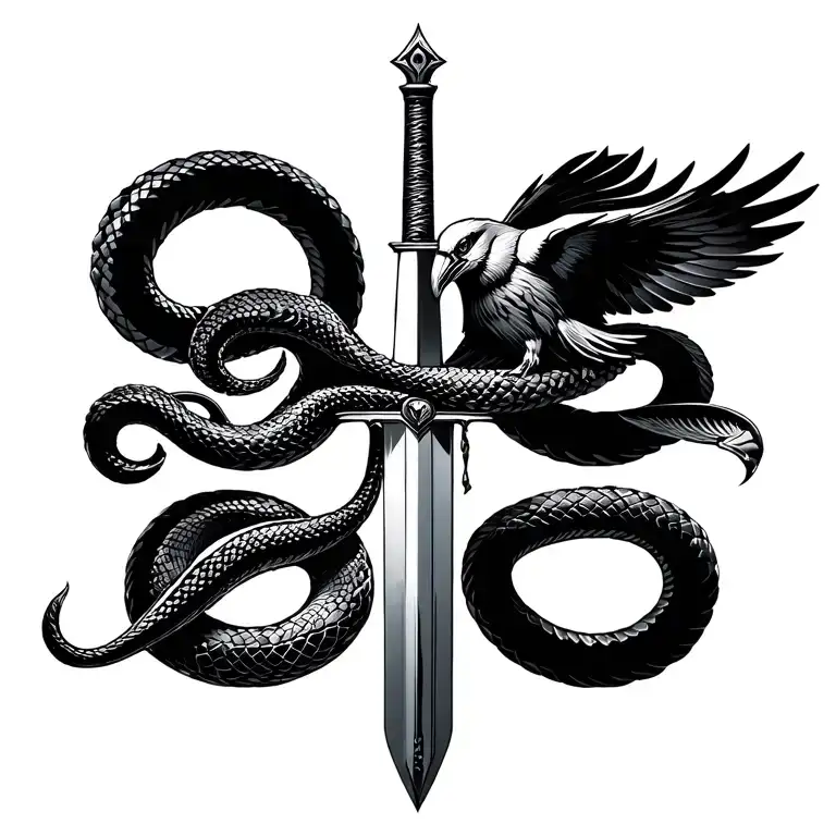 Snake Wrapped Around Sword With Phenoix Bird Soaring