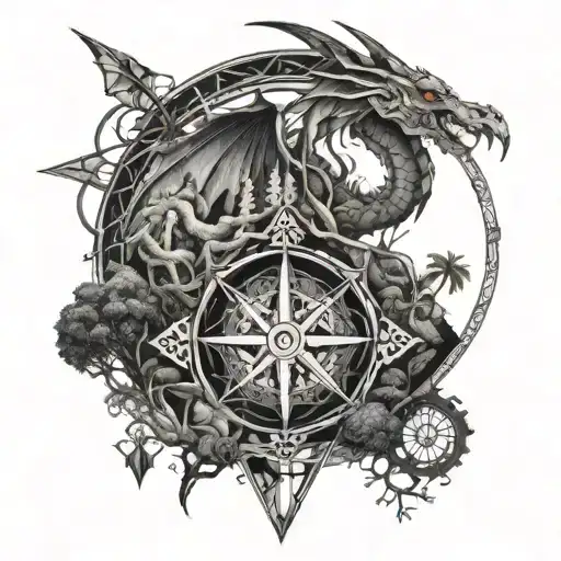 Geometric Dragon With Compass Tree Of Life And Broken Chains With Landscapes Of Venezuela