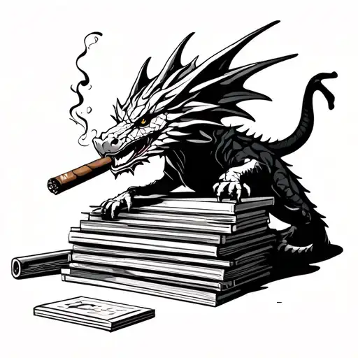 A Cigar Smoking Dragon Emerging From A Pile Of Rock Music Albums