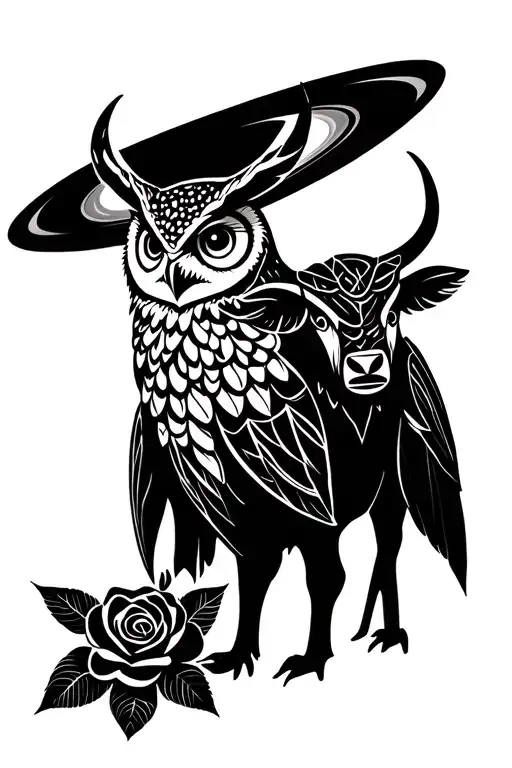 Owl And Ox And Rose And Saturn And Palm