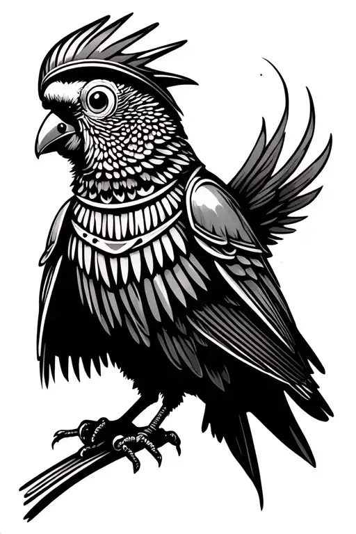Simple Vintage Distressed Line Art Design Of Whole Budgie Wearing A Ornate Armor With Helmet