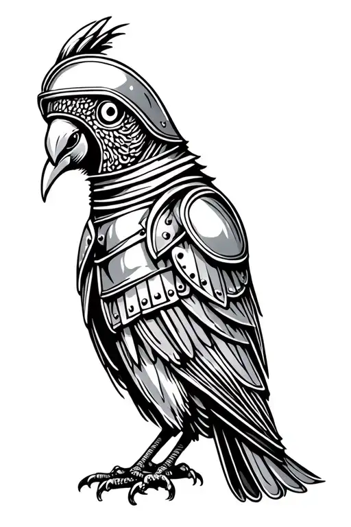 Simple Vintage Woodcut Line Art Design Of Whole Budgie Wearing Medieval Armor With Helmet