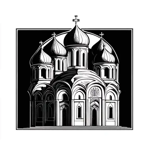Wide Orthodox Church With Three Domes Realism