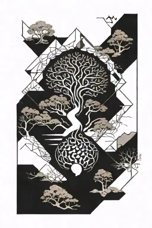 World Tree Splited Left And Right With A Person Floating Next To It