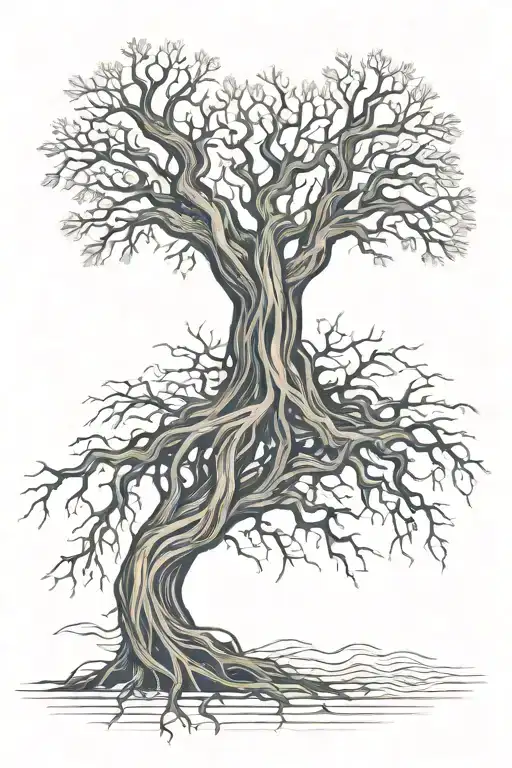 Tree With Roots And Waves Interwoven