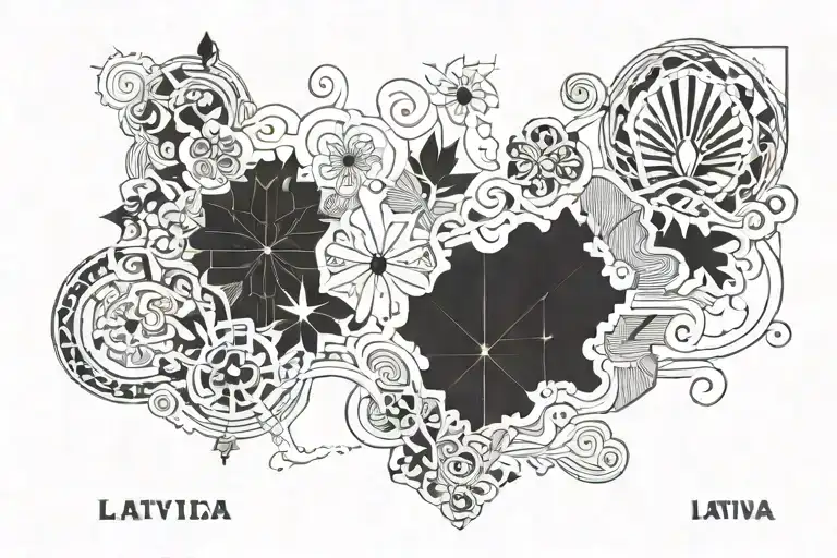 The Outline Of The State Border Of The Republic Of Latvia Is Filled With Symbols Of Latvian Folklore