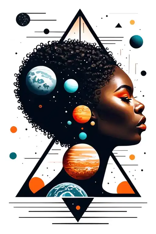 Afro-futuristic Woman Face With Planets Or Moons Inside 3 Triangles