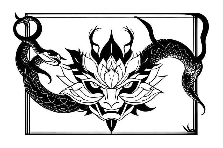 Oni Mask Surrounded By Snake And Lotus Flower