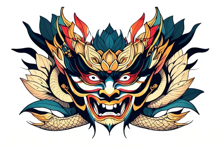 Oni Mask Surrounded By Snake And Lotus Flower Behind The Mask