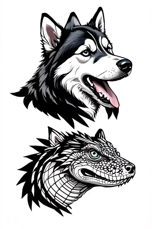 Two Siberian Husky Heads Facing Each Other With A Bearded Dragon Head In Between Them