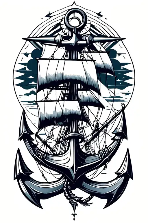 Anchor And Compas And Ship Sailing Through Stormy