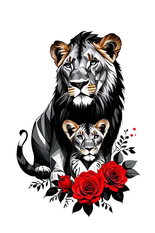 Lioness With One Cub And Red Roses Intertwined Hearts