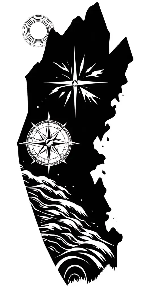 Map Outline With Compass Mountains And Waves