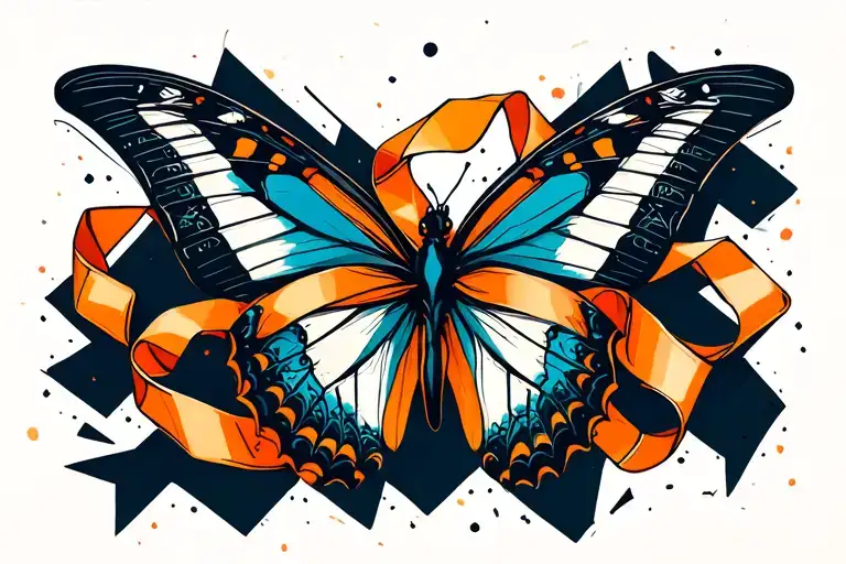 Fragmented Butterfly With An Orange Ribbon Around It