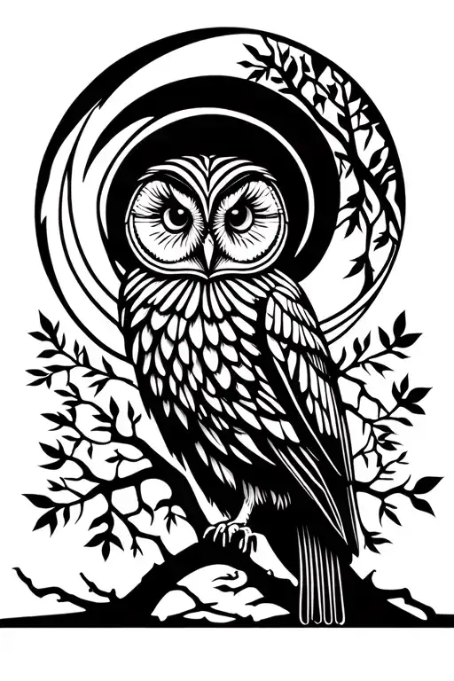 Barred Owl With Moon And Oak Tree