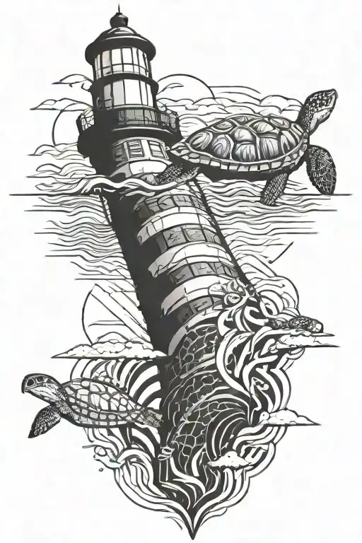 Lighthouse With Sea Turtle Swimming