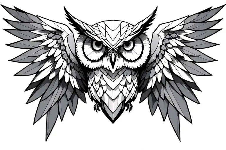 Chest Piece Owl In Center Spread Wings Geometric Shapes On Shoulder