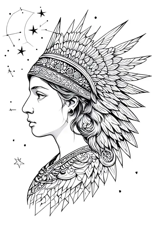 Goddess Athena And Owl With Stars And Moons Constellation Background